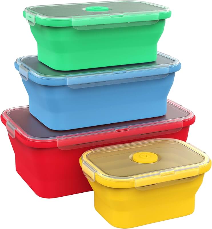 Collapsible Silicone Food Storage Containers with Lids, Set of 4 – BPA-Free Airtight Food Containers, Space-Saving Meal Prep & Lunch Boxes, Microwave, Freezer & Dishwasher Safe, Multicolor