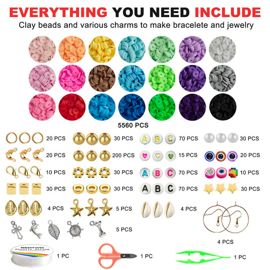 Clay Beads Bracelet Making Kit with Charms and Elastic Strings
