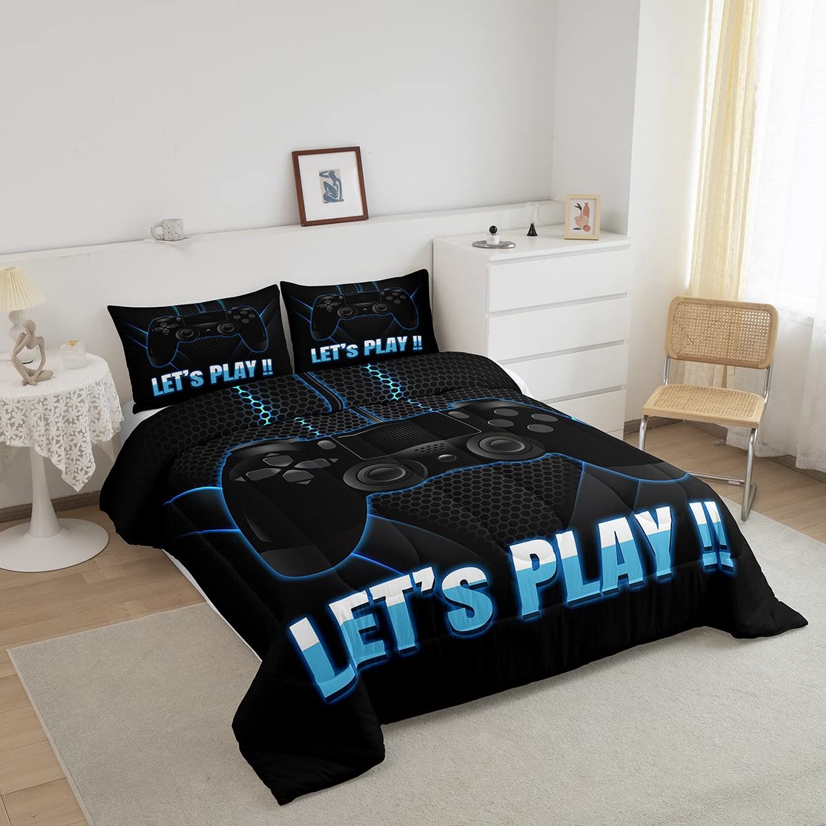 Game Comforter Set Twin for Boys Teens Gamer Quilt Modern Novelty Gamepad Decor Down Comforter, Kids Women Black Blue Video Games Quilted Duvet Game Console Player Gaming Soft Duvet Insert