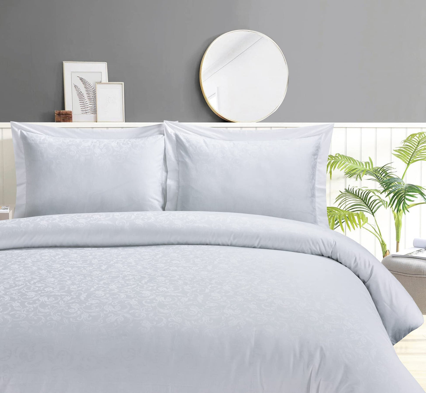 French Royal Damask Pattern, Ultra Soft 300 Thread Count Cotton Jacquard Sateen, White, Twin 48-inch, 8 Piece Duvet Set, Bedding Duvet Cover Set for Two Beds