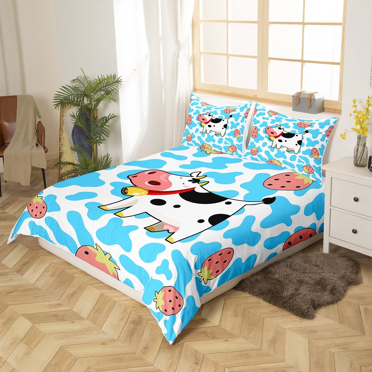 Cow Print Duvet Cover,Cartoon Milk Cow Bedding Sets for Boys Girls Teens Child,Pink Str berry Decor Comforter Cover for Kids Bedroom,Cute Fruit Bed Sets,Farm Animal Quilt Cover,Twin Blue
