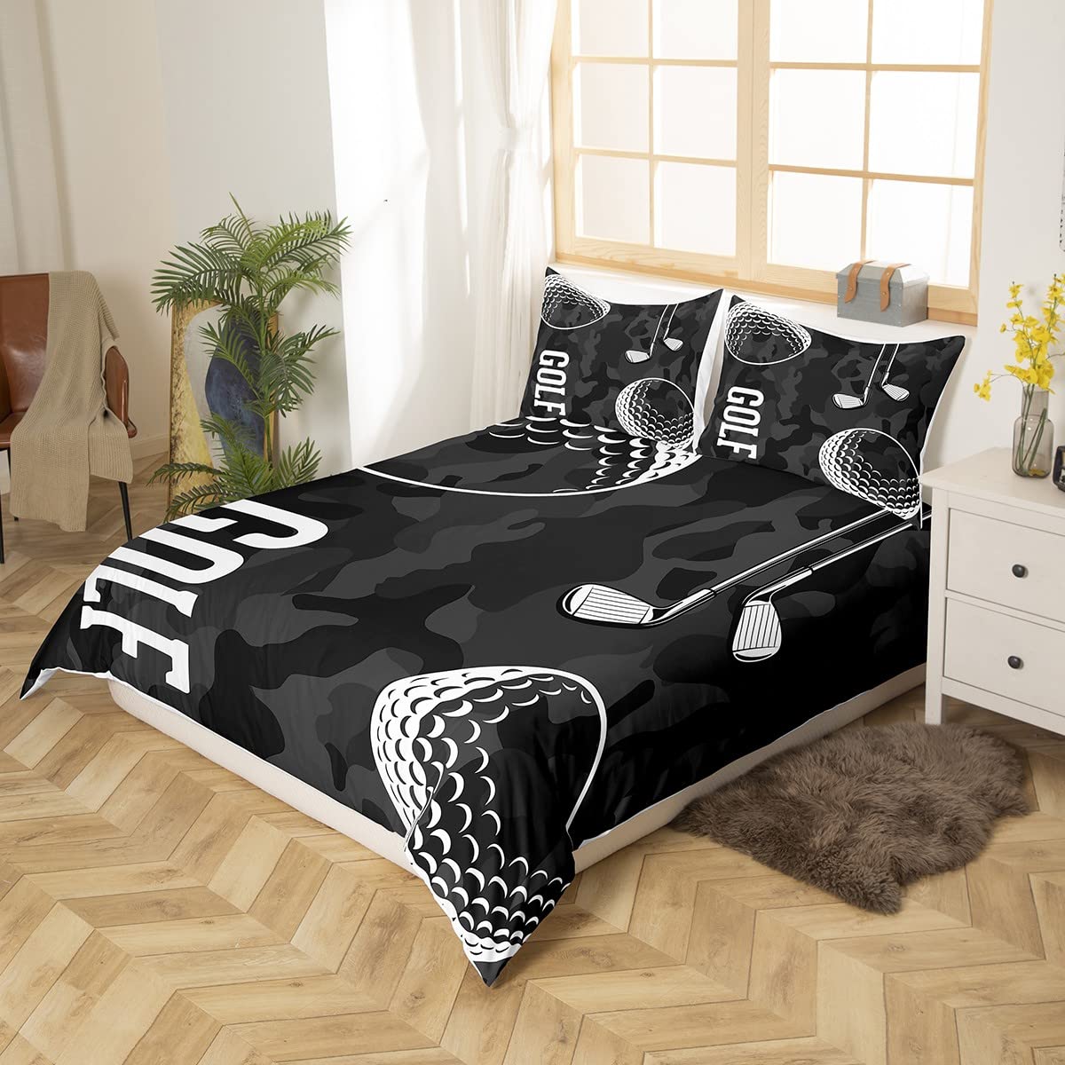 Golf Print Duvet Cover Black Camo Bedding Sets Queen Kids Boys Teens Camouflage Comforter Cover Sports Themed Bedding,Golf Balls Gaming Quilt Cover 3 Piece Soft Microfiber Bed Cover
