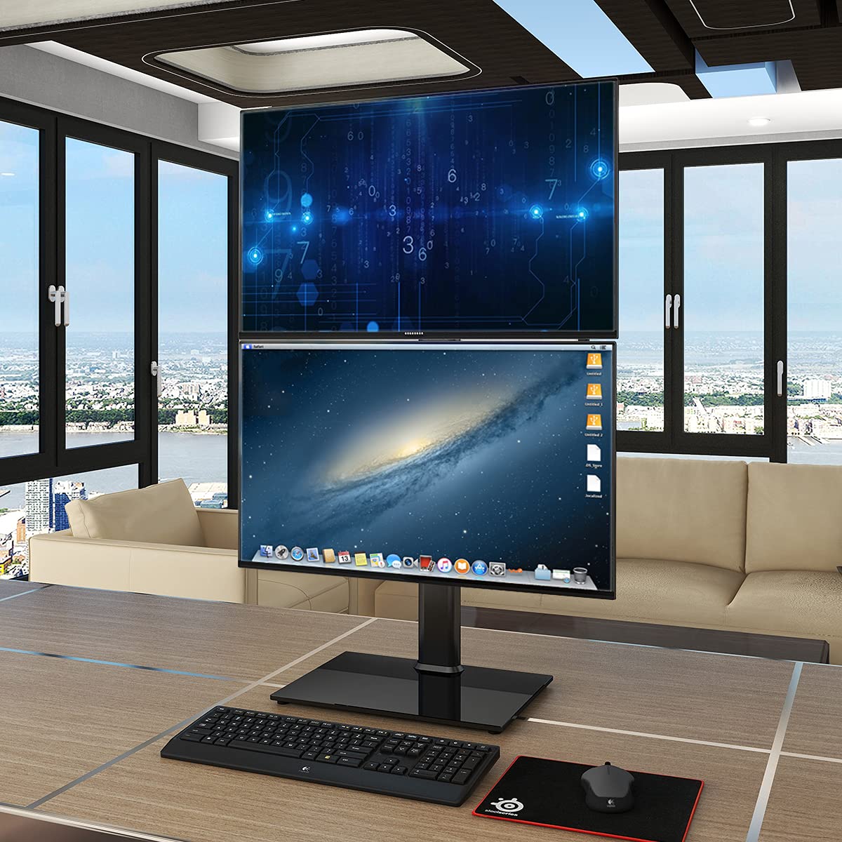 Dual Monitor Stand - Vertical Stack Screen Free-Standing Monitor Riser Fits Two 13 to 34 Inch Screen with Swivel, Tilt, Height Adjustable, Holds One (1) Screen up to 44Lbs HT05B-002