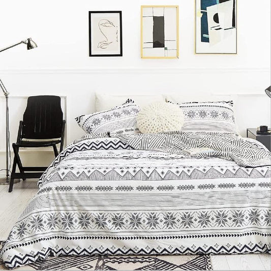 Bohemian Triangle Striped Duvet Cover Set Full Boho Geometric Flower Comforter Cover Lightweight Soft Microfiber Modern Hotel Quality Black and White Bedding Set for Teens Men Women