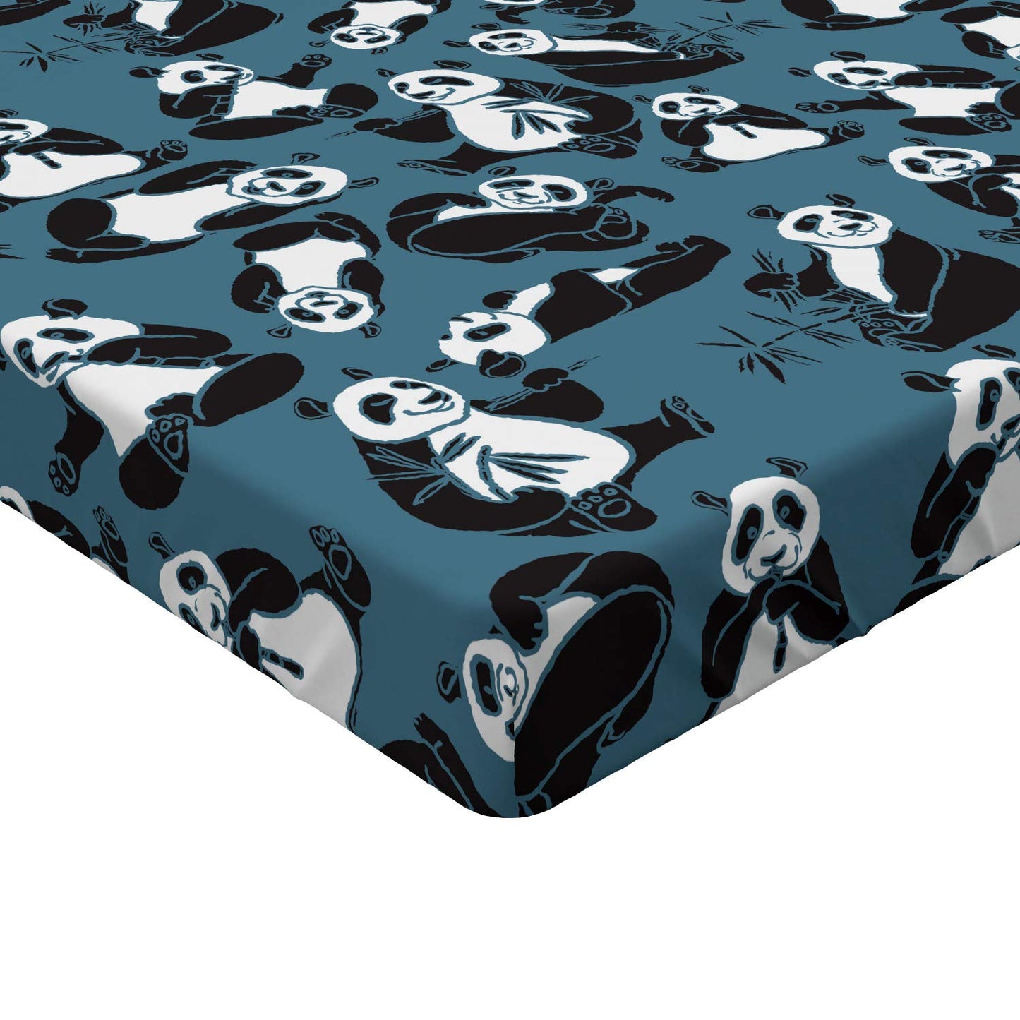 Panda Fitted Sheet, Chinese Wildlife Bamboo Stalks and Leaves with Bears on Abstract Backdrop, Soft Decorative Fabric Bedding All-Round Elastic Pocket, Full Size, Petrol Blue