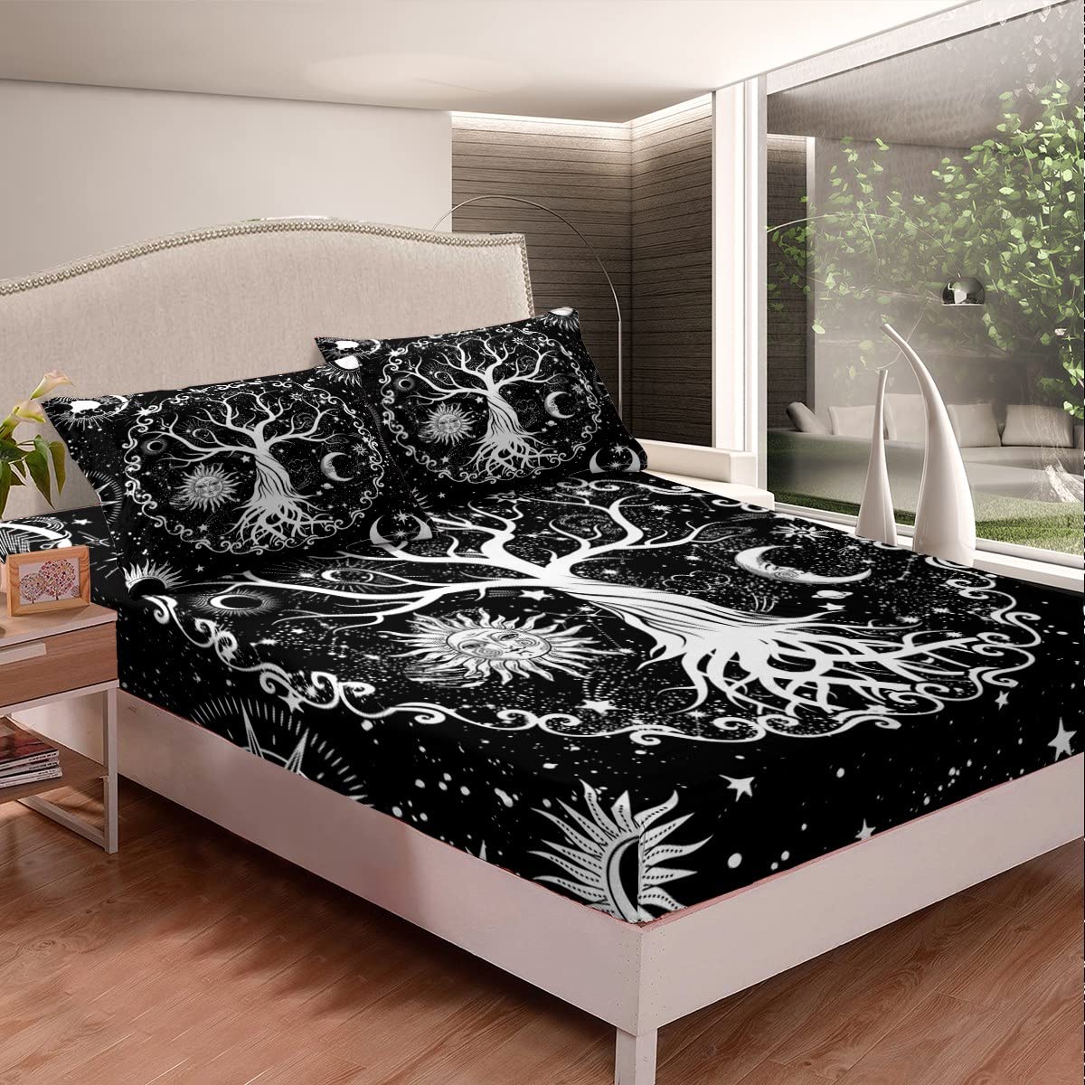 Tree of Life Fitted Sheet Full Sun and Moon Print Bed Sheets 3Pcs for Kids Boys Teens Bedroom Decor,Black and White Bed Cover axy Space Stars Constellation Bedding Set(Flat/Top Sheet not Included)