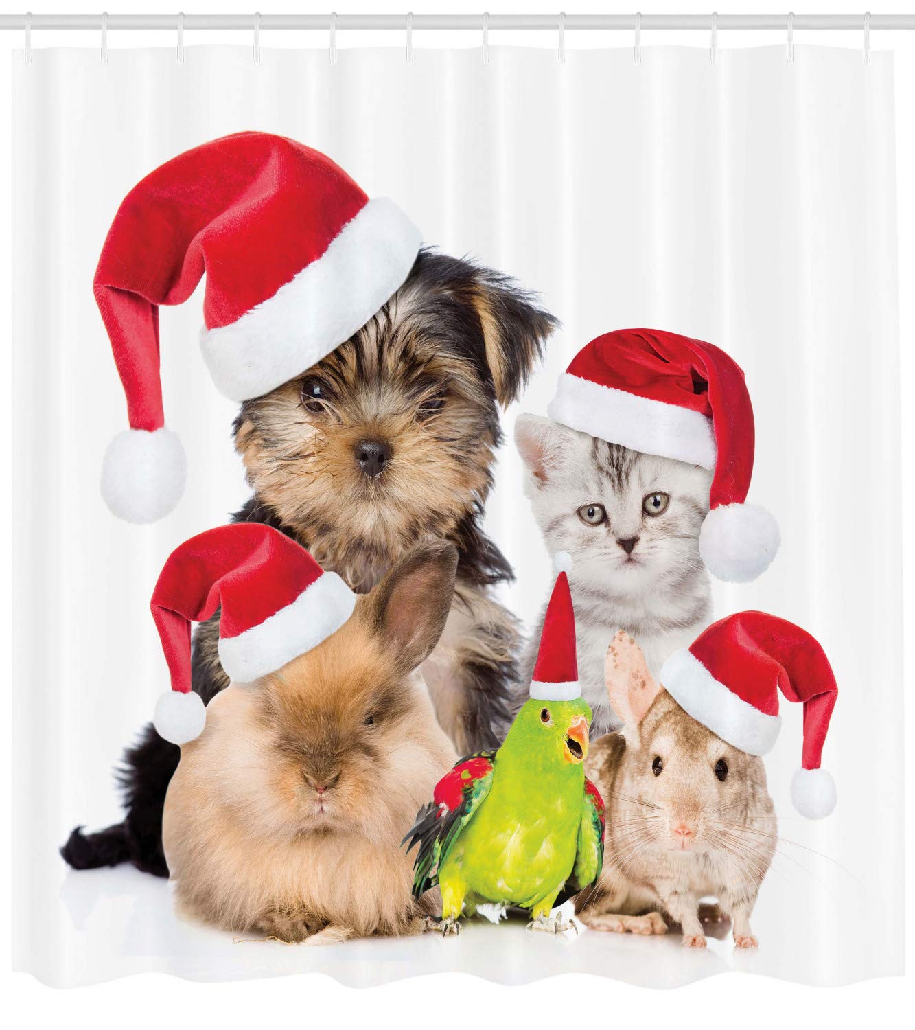 Shower Curtain, Xmas Crew Cat Dog Bird Mouse and Rabbit Bunny with Santa Hats Grumpy Pets Picture, Cloth Fabric Bathroom Decor Set with Hooks, 69" W x 84" L, Red Brown