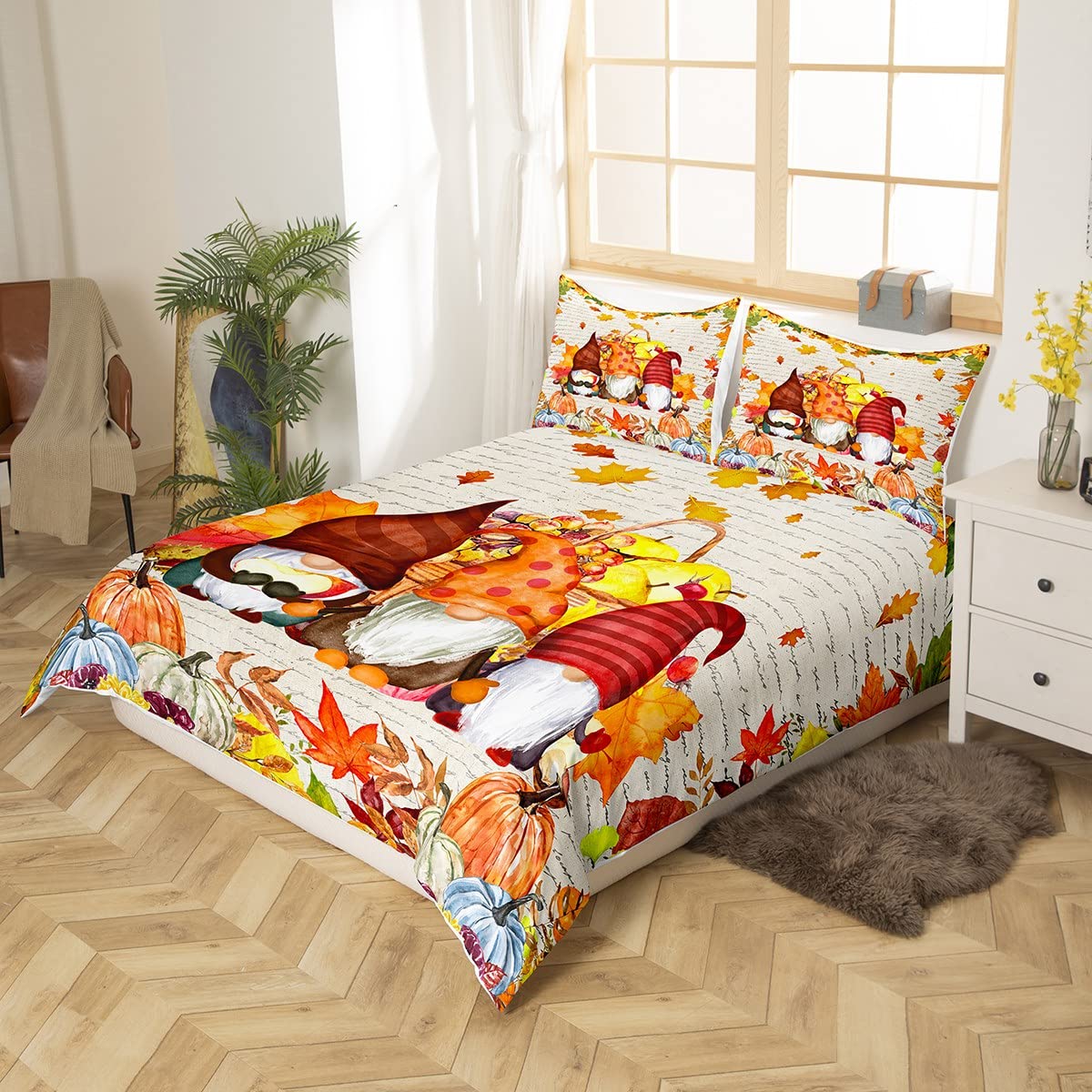 Fall Harvest Comforter Cover Twin for Kids Boys Girls,Gnome Thanksgiving Bedding Set Autumn Maple Leaves Bed Sets Caroon Pumpkin Soft Duvet Cover K aii Gnomes Bedroom Decor with 1 Pillowcase