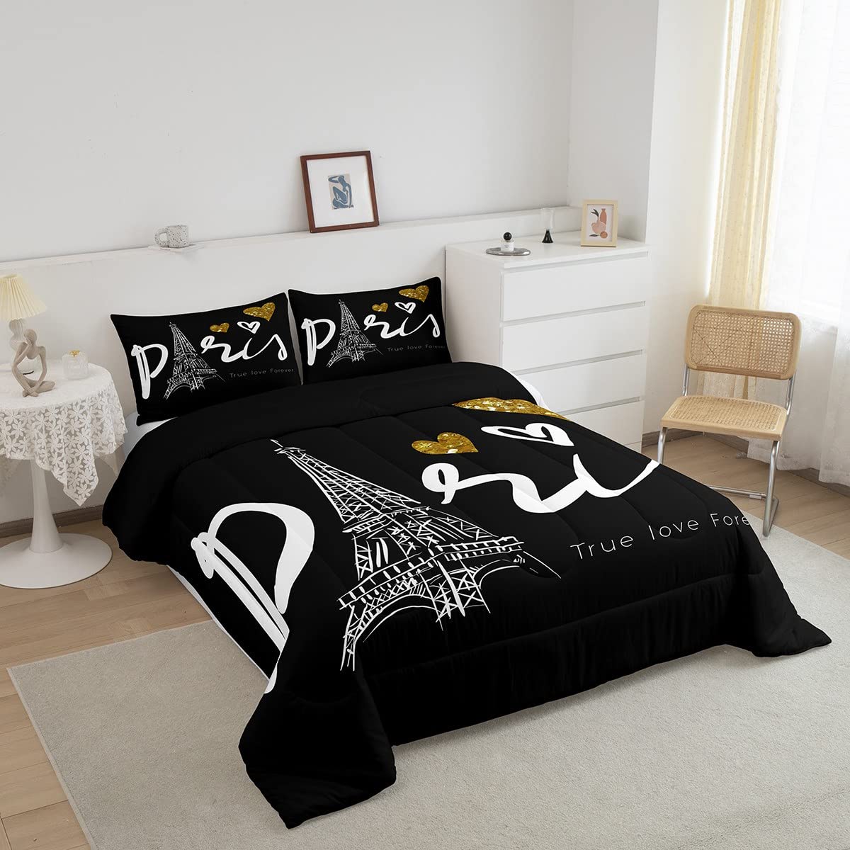 Eiffel Tower Bedding Set French Paris Comforter King Romantic Themed Bedding Sets s Black and White Quilt Set Love Heart Decoratives 3 Piece Bed Set with 2 Pillow Sham, Soft