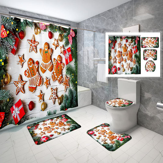 4 Piece Gingerbread Man Shower Curtain Waterproof Gingerbread Stars Snowflakes White Wooden Table Bathroom Sets with Non- Rugs, Tet Lid Cover and Bath Mat with Standard Size