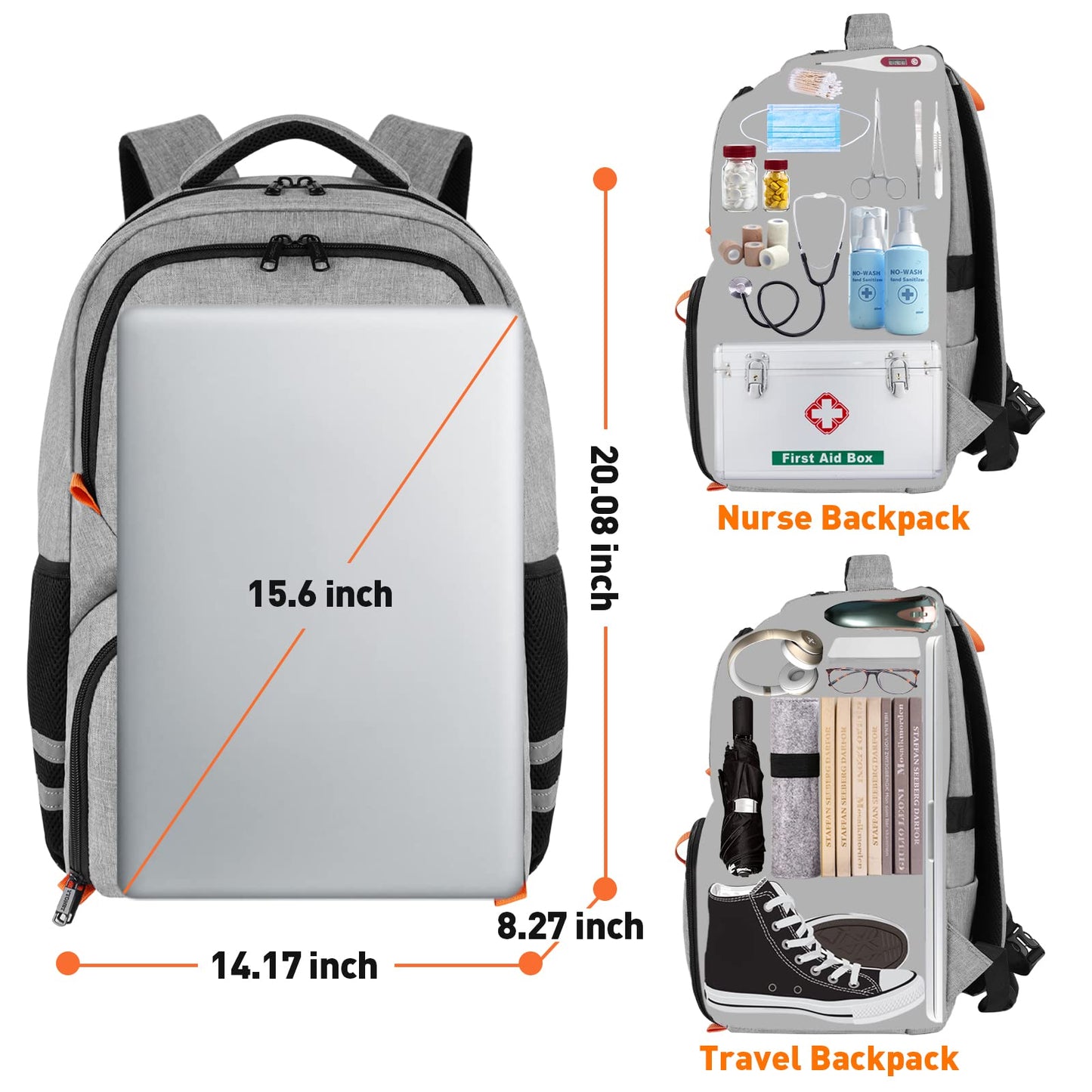 Gym Backpack For Men Women, Travel Backpack With Shoe Compartment USB Charging Port, Water Resistant Medical Laptop Backpack Fit 15.6 Inch Notebook, Camping, Hiking, School, Grey