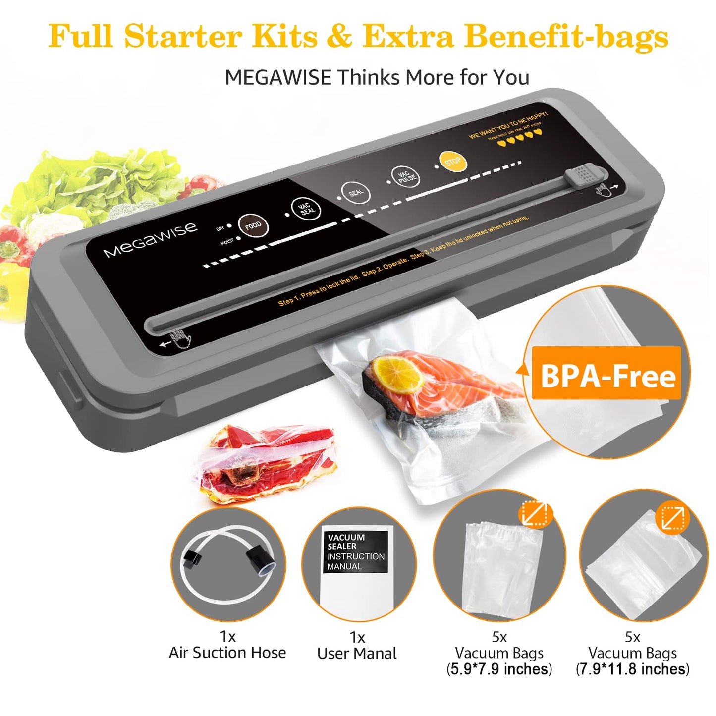 Meg ise 80kpa Powerful but Compact Vacuum Sealer Machine, Bags and Cutter Included, One-Touch Automatic Food Sealer with External Vacuum System for All Saving needs, Dry Moist Fresh Modes