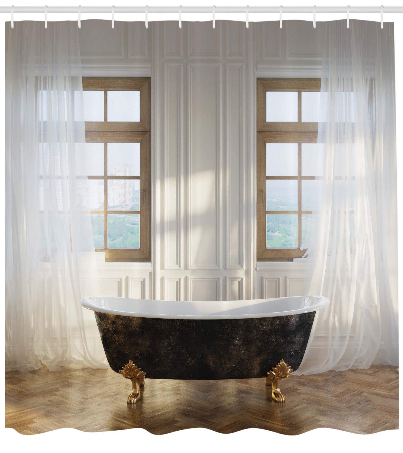 Antique Shower Curtains for Bathroom Retro Bathtub in Modern Room In or Hardwood Clics Space Design Washable Cloth Fabric Master Restroom Decor Set with Hooks 69" W x 84" L Ivory White