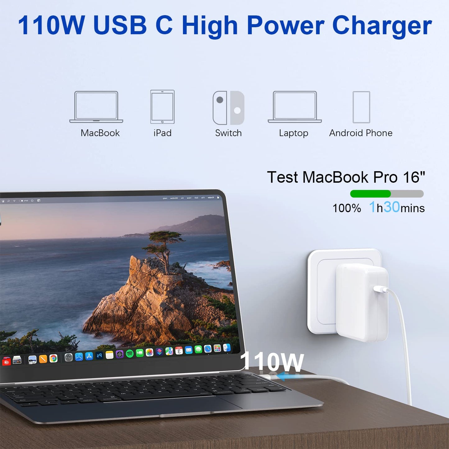 Mac Book Pro Charger - 110W USB C Charger Power Adapter for MacBook Pro 13, 14, 15, 16 Inch, MacBook Air 13 Inch 2021/2020/2019/2018, iPad Pro and All USB C Device, Included 6.6ft USB-C to C Cable