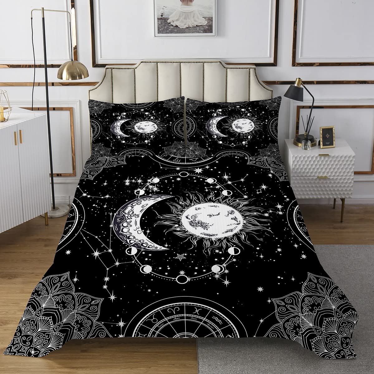 axy Bedspread Constellation Quilted Coverlet for Kids Boys Girls Teens Gothic Style Boho Mandala Coverlet Set Breathable Sun and Moon Quilted Black White Room Decor Queen Size