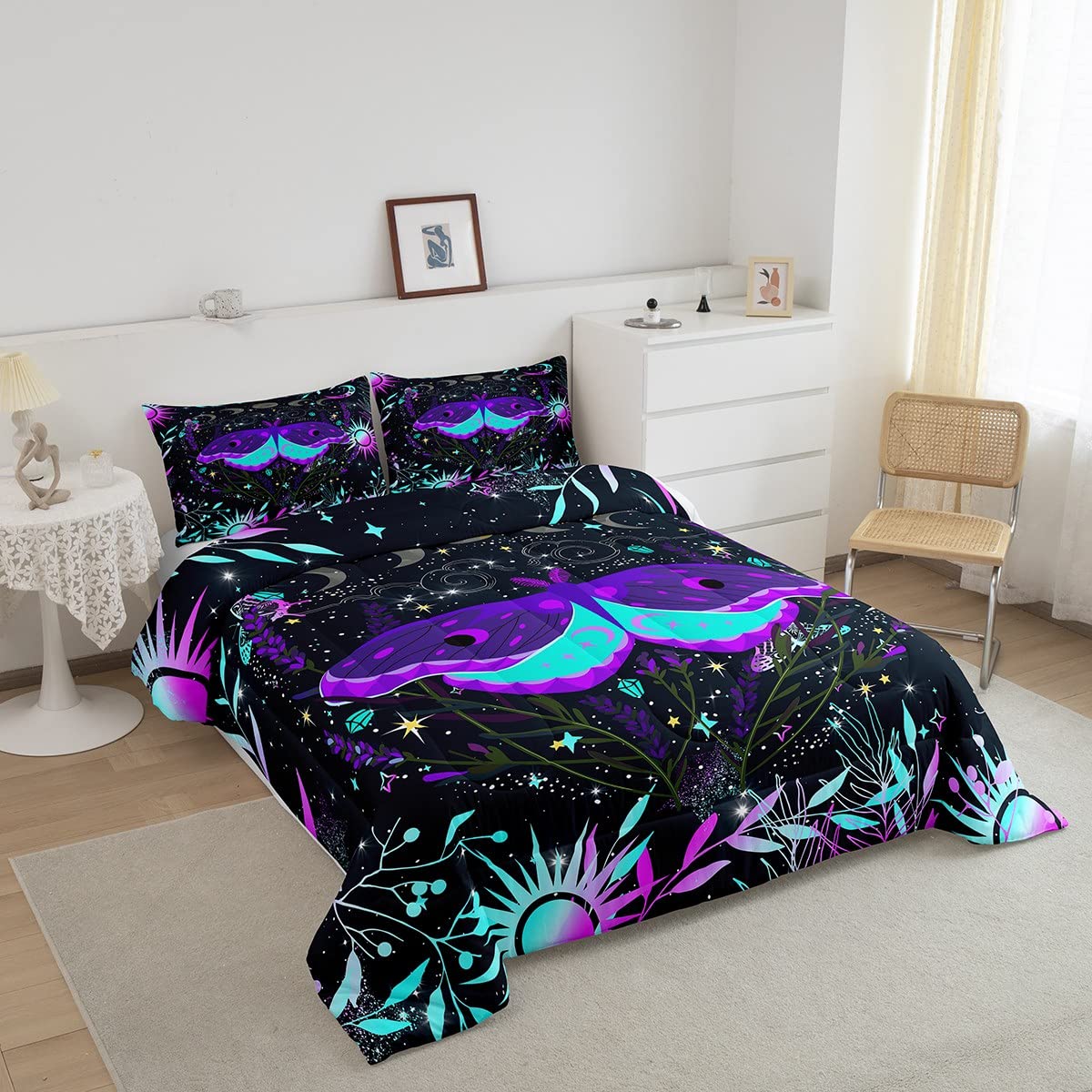 Purple Blue Moth Bedding Set for Boys Girls Teens,Sun and Moon Comforter Set Bohemian Exotic Style Decor Giltter axy Quilt Comforter Gradient Butterfly Botanical Flower Quilt Duvet,Twin