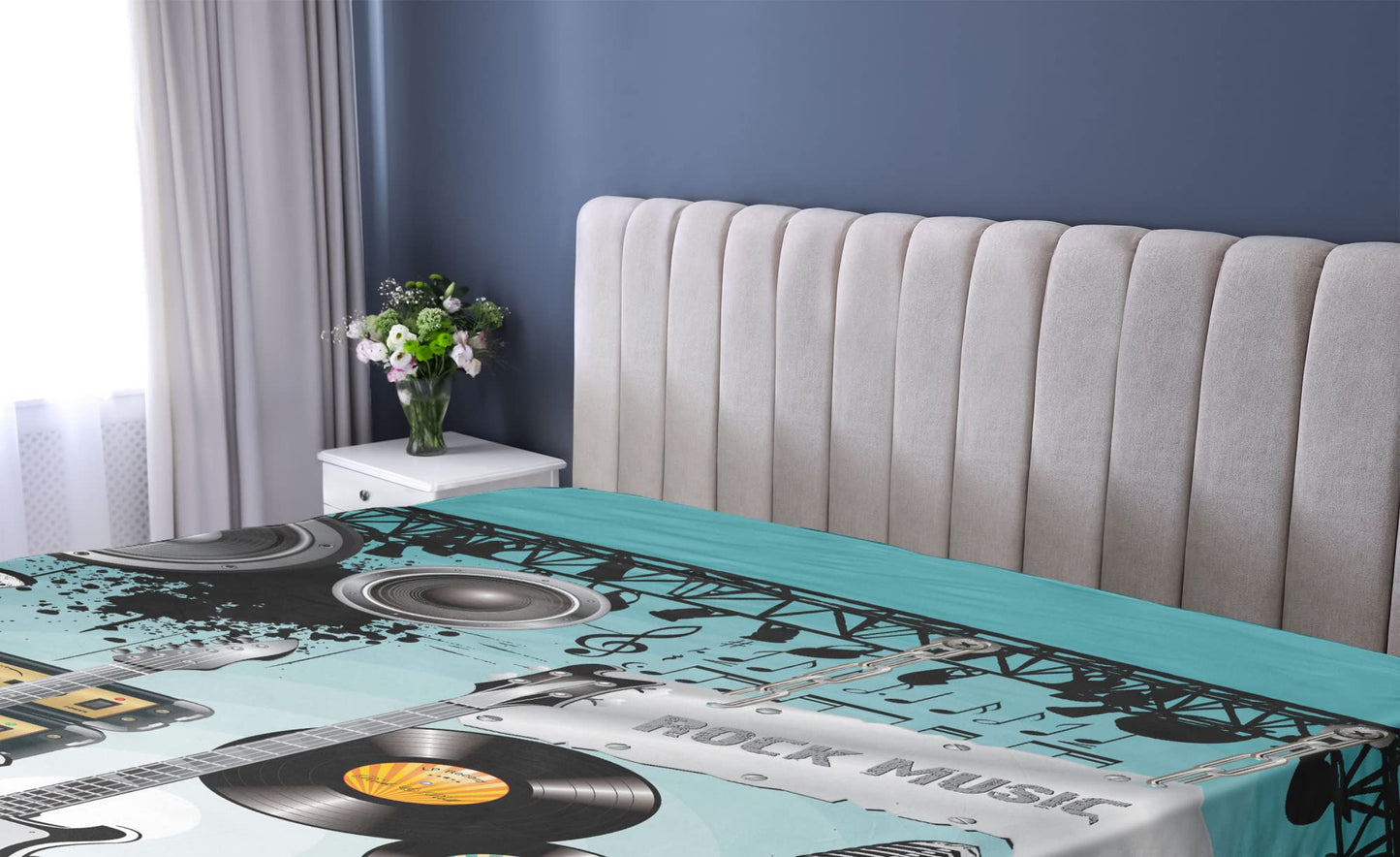 Rock Music Fitted Sheet, Concert Pattern Guitars and Records with Giant Speakers Ornamental Arrangement, Bed Cover with All-Round Elastic Deep Pocket for Comfort, King Size, Grey