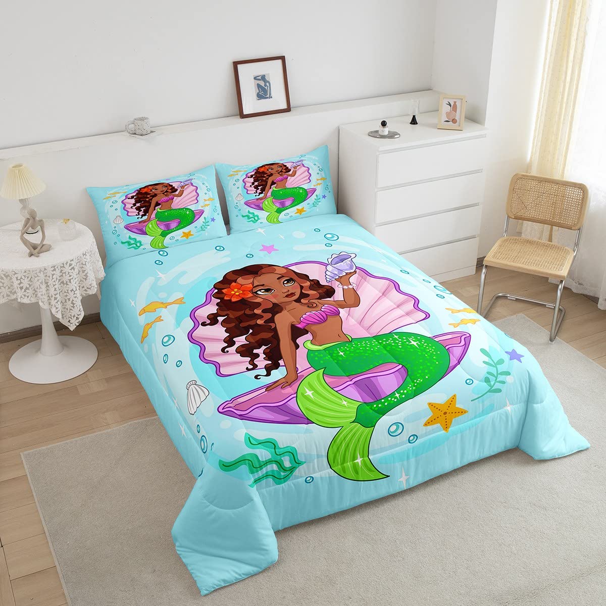 Black Mermaid Bedding Twin Black Girl Comforter Ocean Theme Quilt Seashell Conch Starfish Duvet Green Mermaid Scale Bed Set Sea life Decor for Kids Girls Toddler Bedroom 2 Piece Blue