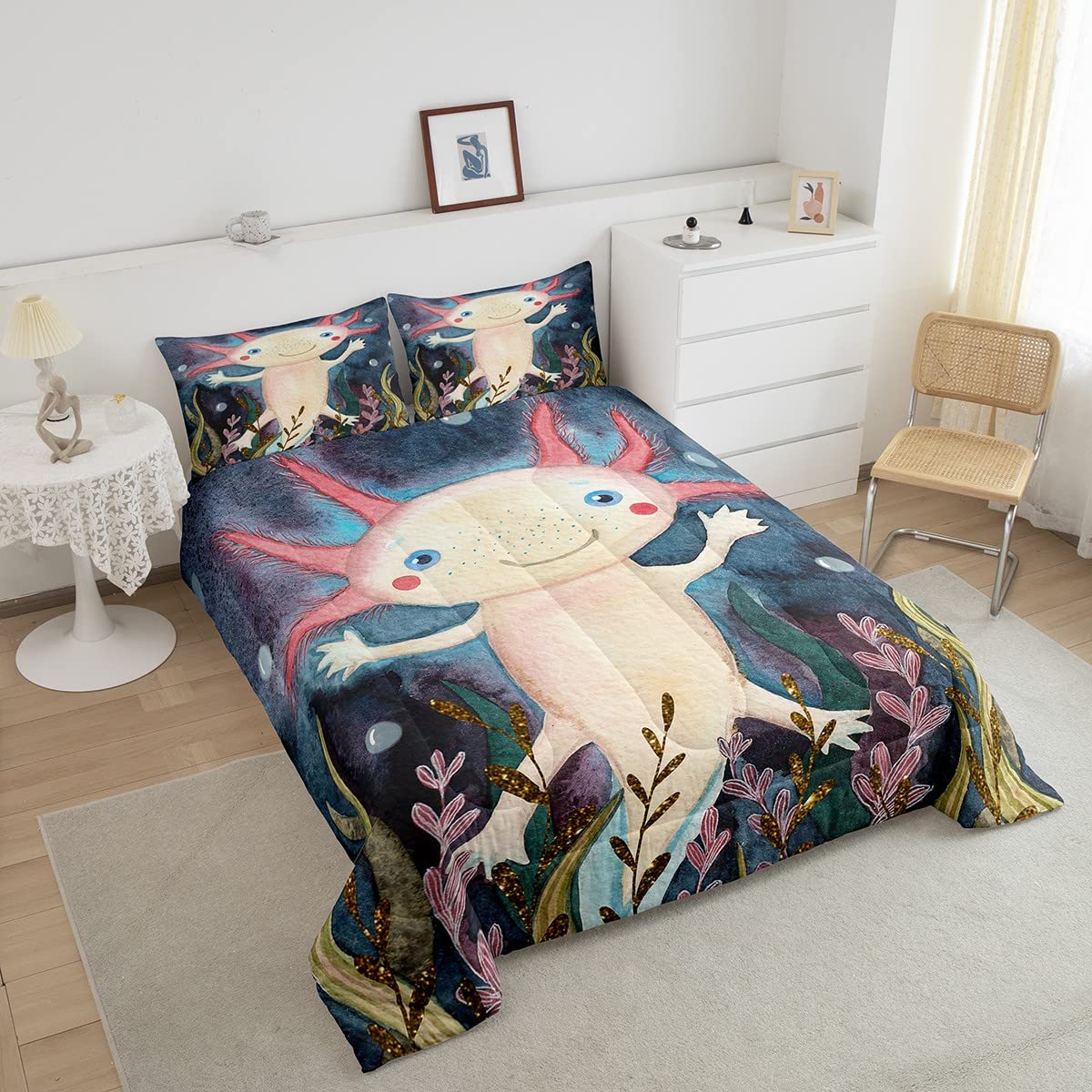 Cute Axolotl Comforter Set Twin Kids Cartoon Salamanda Bedding Comforters Sets 2pcs Boys Girls Sealife Animal Duvet,Marine Ocean Theme Comforter Coastal Botanical Plant Bedroom Decor