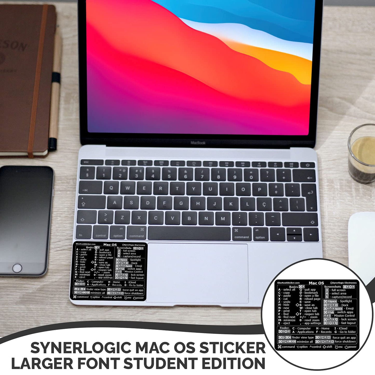 (Universal, Larger Font) Mac OS Reference Keyboard Shortcut Sticker, Student Edition, No-Residue Vinyl - for Any MacBook Air/Pro/iMac/Mini (Black)