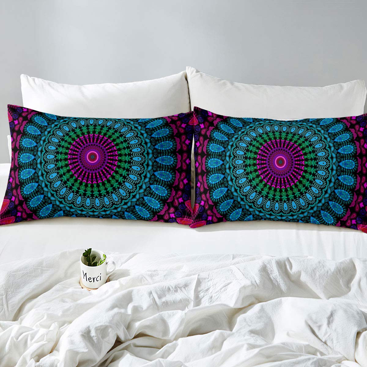 Mandala Bedding Boho Chic Hippie Duvet Cover Twin, Bohemian Decor Comforter Cover Soft Microfiber Red Purple and Teal Mandala Floral Pattern Bedspreads Quilt Cover with Zipper,1 Pillow Sham