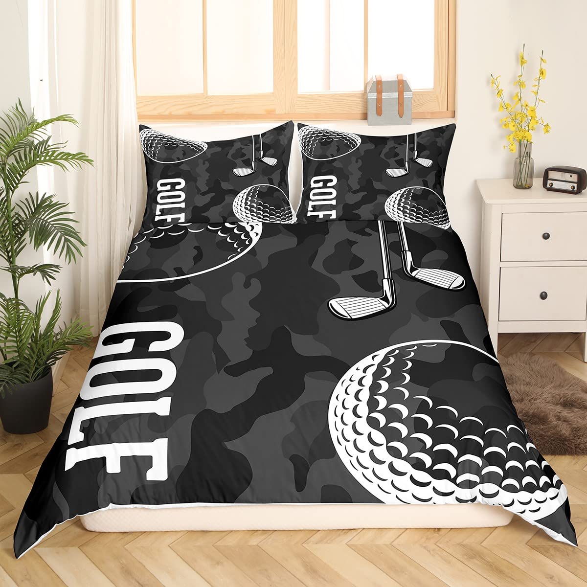 Golf Print Duvet Cover Black Camo Bedding Sets Queen Kids Boys Teens Camouflage Comforter Cover Sports Themed Bedding,Golf Balls Gaming Quilt Cover 3 Piece Soft Microfiber Bed Cover