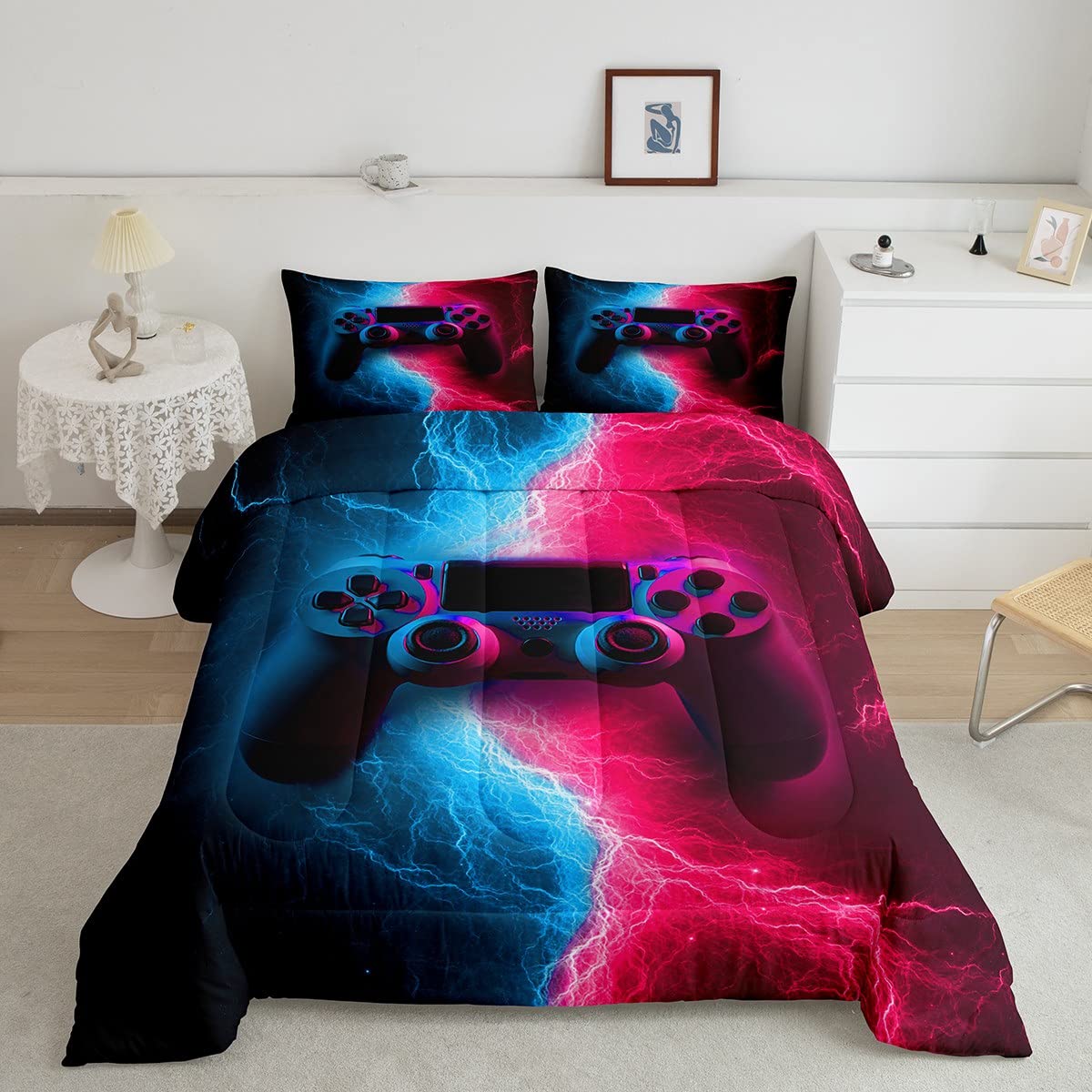 Gamer Comforter Set Twin Size Video Games Decor Gamepad Down Comforter, for Boys Teens Adult Women Player Gaming Soft Quilt Game Console Blue Purple Lightning Quilted Duvet Sci-Fi Style Duvet Insert