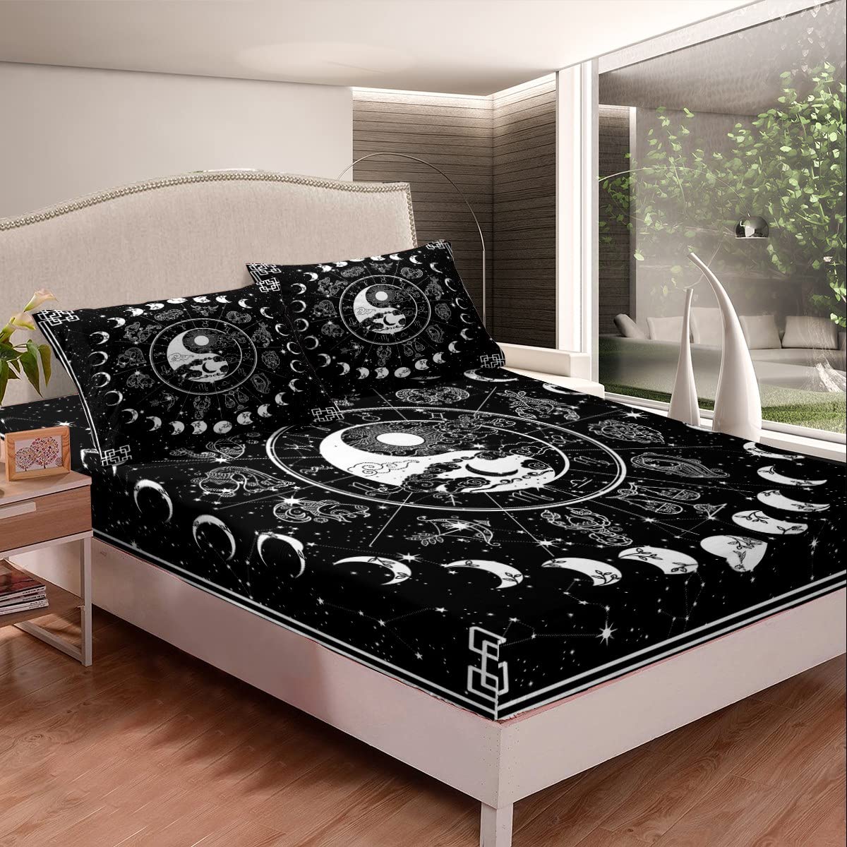 Sun and Moon Bed Sheets Queen, Constellations Zodiac Fitted Sheet Moon Phase Bedding Set Yin and Yang Bed Cover Starry Night Astrology Stars Bed Sheets,Black White Decor Microfiber