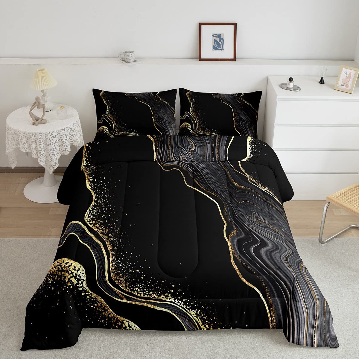 Black Gold Marble Comforter Set Twin,Glitter Marble Bedding Set,White Gold Lines Abstract Marble Texture Duvet Insert,3Pcs Soft Quilted Comforter with 1 Pillow Sham