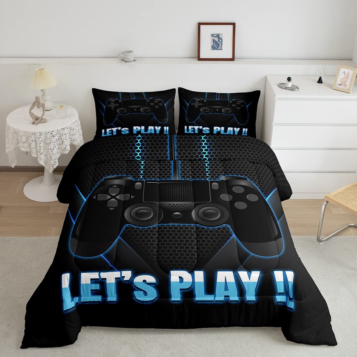Game Comforter Set Twin for Boys Teens Gamer Quilt Modern Novelty Gamepad Decor Down Comforter, Kids Women Black Blue Video Games Quilted Duvet Game Console Player Gaming Soft Duvet Insert