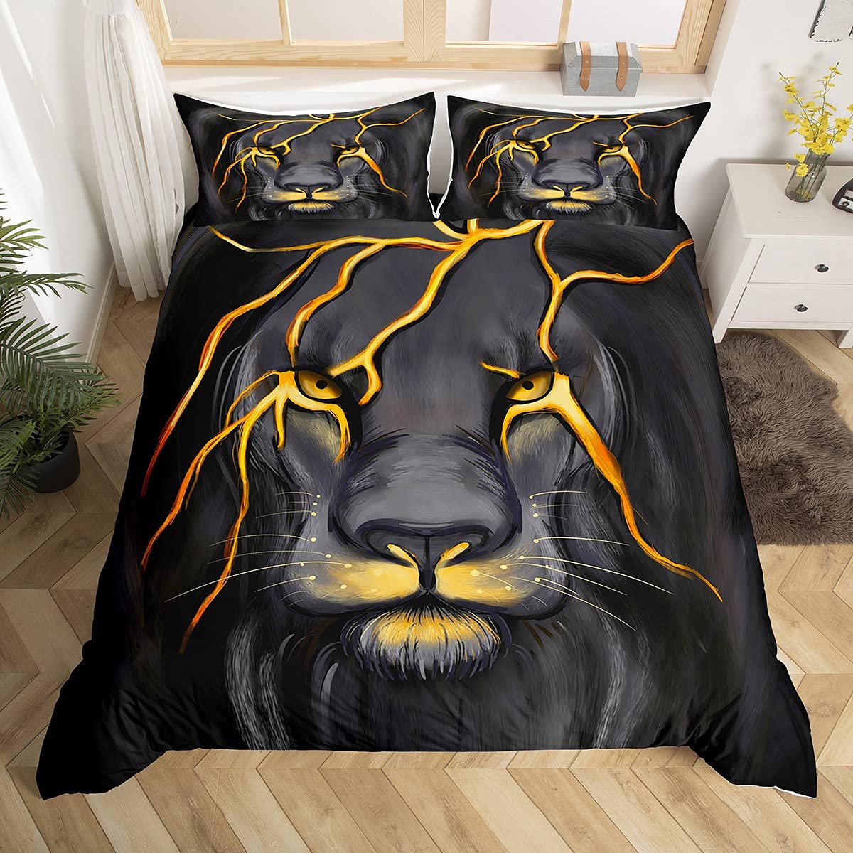Lion Bedding Animal Duvet Cover Set Queen Size Lightning Lion Pattern Comforter Cover 1 Lion Head Duvet Cover 2 Pillowcases,Grey Black Soft Microfiber Bed Cover for Teen Boys Young Man Decoration Room