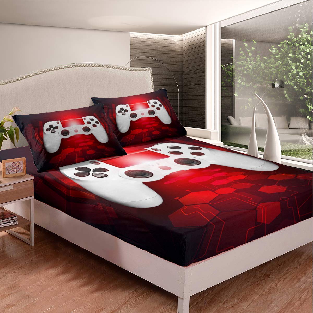Boys Gaming Bedding Sets, Full for Kids Girls Child Son Video Games Fitted Sheet Chic Red White Modern Novelty Game Controller Gamer Fitted Bed Sheets, Not Include Flat/Top Sheet