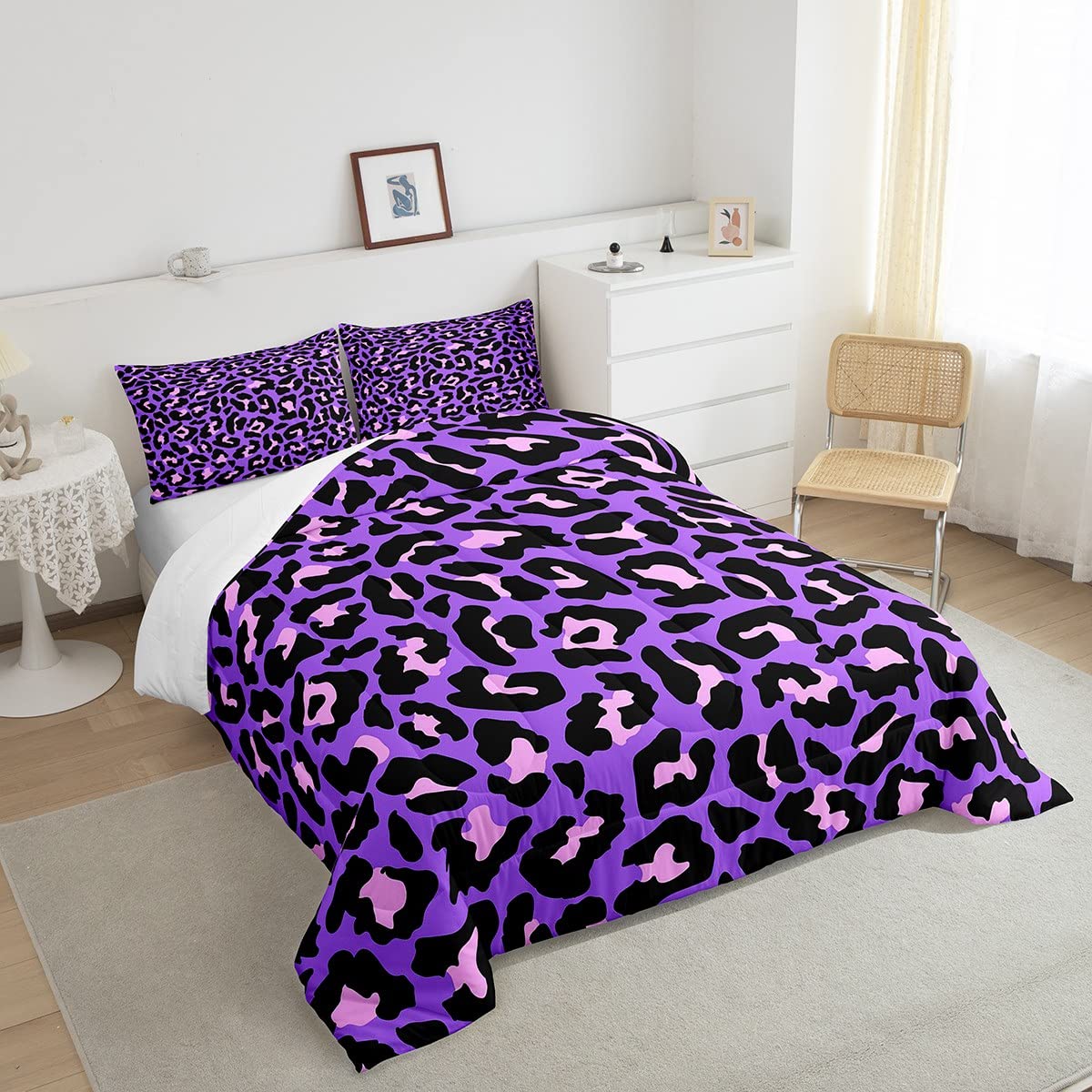 Cheetah Print Bedding Set Twin Purple Leopard Bedding Comforter Sets Pink Wildlife Duvet Insert Abstract Art Quilted Comforter 2 Piece with 1 Pillow Sham Soft,Animal Themed Home Decor