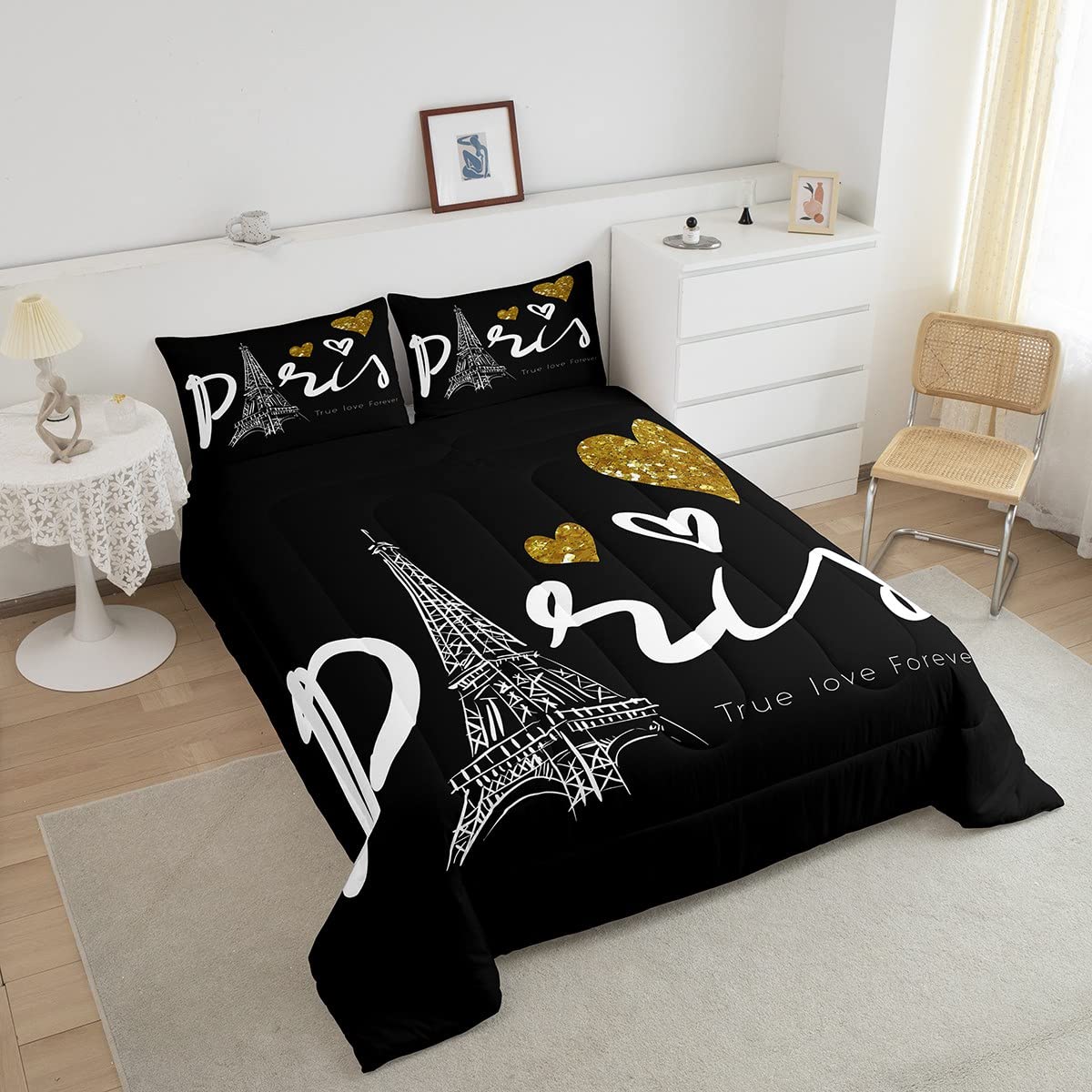 Eiffel Tower Bedding Set French Paris Comforter King Romantic Themed Bedding Sets s Black and White Quilt Set Love Heart Decoratives 3 Piece Bed Set with 2 Pillow Sham, Soft