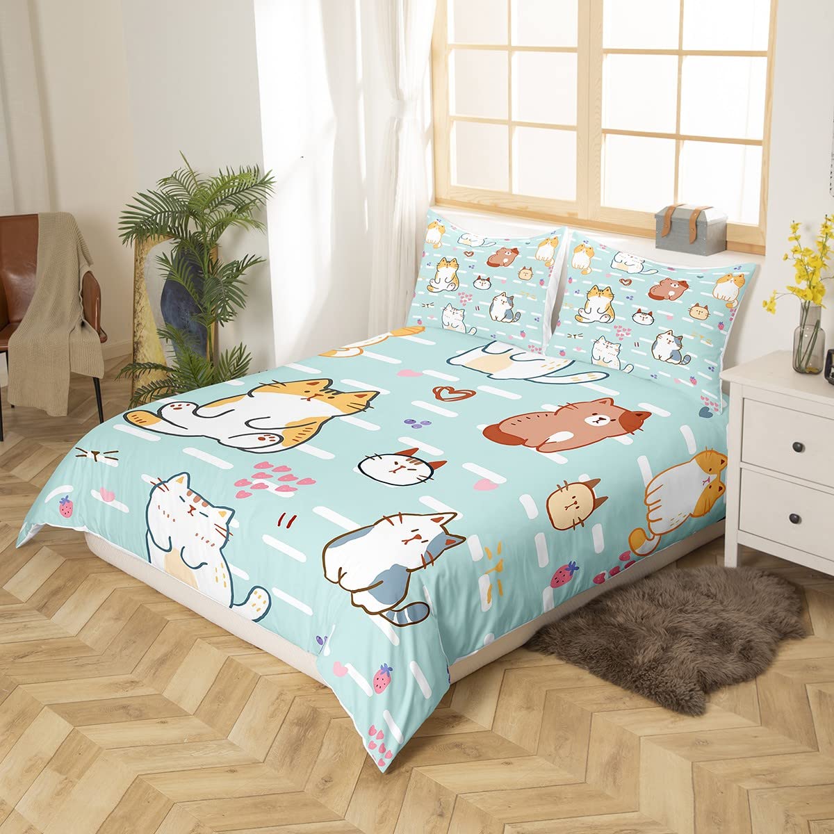 Cartoon Cat Bedding,Cute Kitten Print Duvet Cover for Kids Boys Girls Toddler Cat Lover,Pink Love Heart Str berry Comforter Cover for Bedroom,Twin Size K aii Pet Theme Quilt Cover with 1 Pillowcase