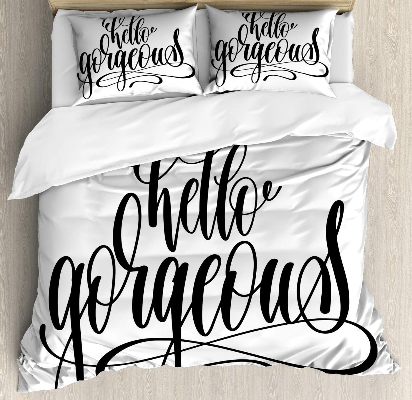 Hello Gorgeous Duvet Cover Set, Unique Handwriting Style Font Calligraphy Phrase on White Background, Decorative 3 Piece Bedding Set with 2 Pillow Shams, Queen Size, White and Charcoal