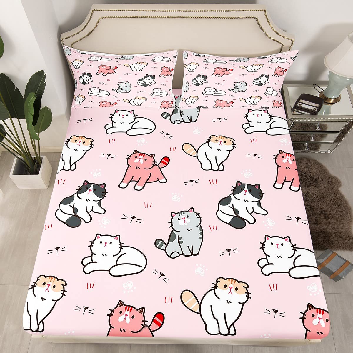 Kids Cute Cat Sheet Set,Cartoon Pet Cats Toddler Bedding Set for Child Boys Girls,K aii Kitten P Print Bed Sheets,Cat Lover's Animal Themed Design Quilt Set Bedroom 4Pcs Full