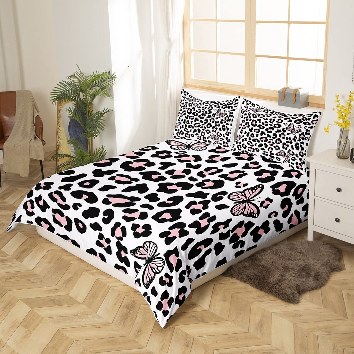 Leopard Print Duvet Cover,Butterfly Bedding Set Queen Size for Kids Boys Girls,Pink Cheetah Print Comforter Cover for Bedroom,Wild Animal Quilt Cover with 2 Pillow Shams Soft