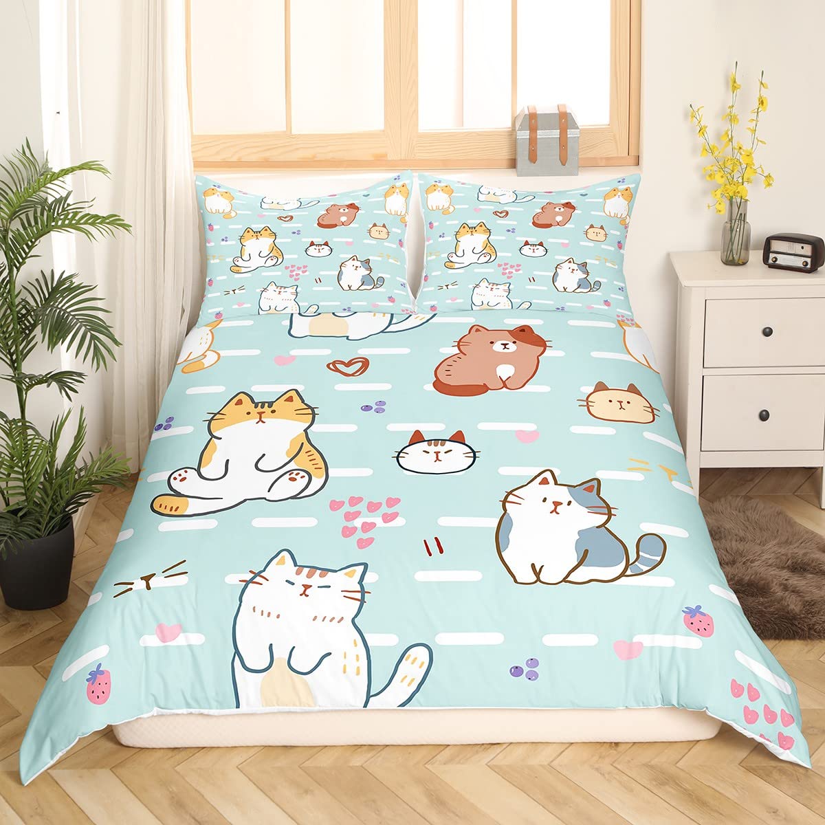 Cartoon Cat Bedding,Cute Kitten Print Duvet Cover for Kids Boys Girls Toddler Cat Lover,Pink Love Heart Str berry Comforter Cover for Bedroom,Twin Size K aii Pet Theme Quilt Cover with 1 Pillowcase