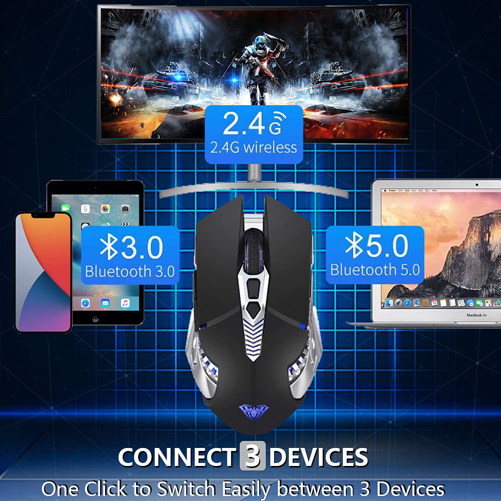Bluetooth Mouse, Rechargeable Wireless Gaming Mouse Multi Device(BT 5.0/3.0+USB) with Side Buttons, RGB LED Light up Ergonomic Cordless Computer Mice for Laptop/PC/iPad/Mac/MacBook Pro/Tablet (Black)
