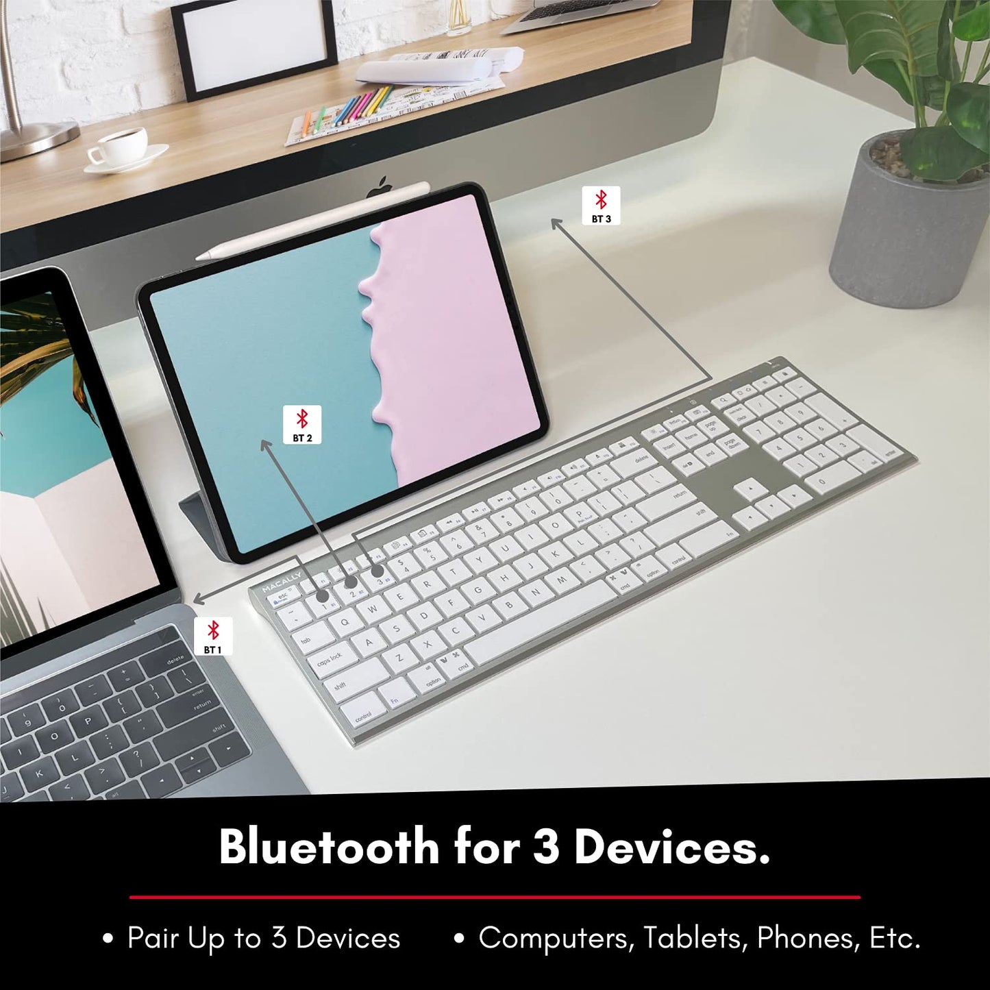 Wireless Bluetooth Keyboard with Numeric Keypad - Multi Device Keyboard for Mac Pro/Mini, Apple iMac, MacBook, Laptop, Computer Windows PC. Android, Smartphones, Tablets (Aluminum Silver)