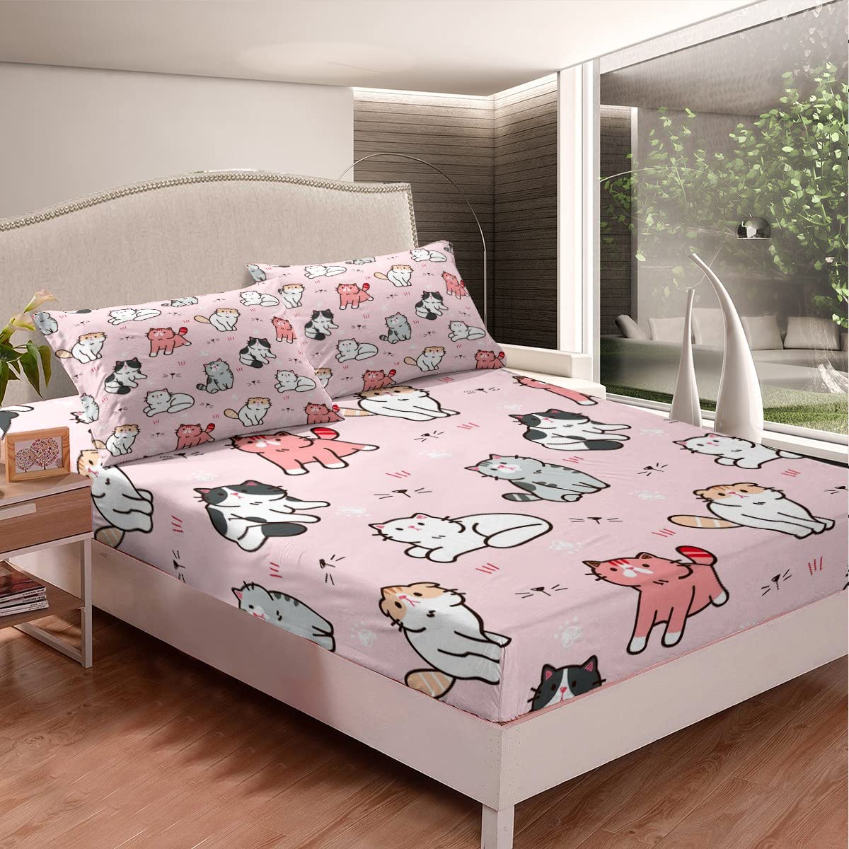 Kids Cute Cat Sheet Set,Cartoon Pet Cats Toddler Bedding Set for Child Boys Girls,K aii Kitten P Print Bed Sheets,Cat Lover's Animal Themed Design Quilt Set Bedroom 4Pcs Full
