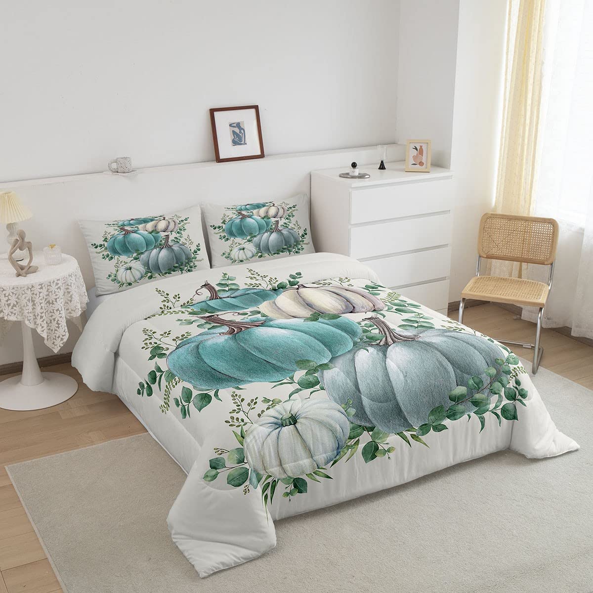 Eucalyptus Leaves Pumpkin Bedding Set Autumn Thanksgiving Duvet Insert King for Kids Boys Girls Bedroom,Fall Seasonal Holiday Comforter Set Rustic Farmhouse Duvet Sets Soft with 2 Pillowcases