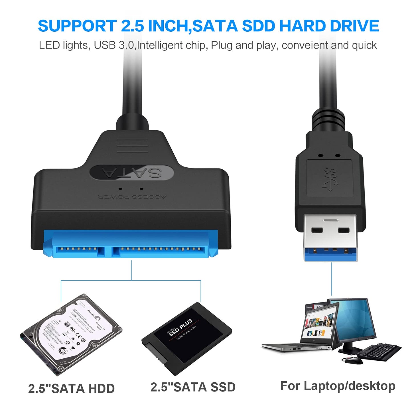 SATA to USB Cable, USB 3.0 to SATA III Hard Drive Adapter Converter for 2.5 Inch SSD & HDD Data Transfer, Support UASP (Black)