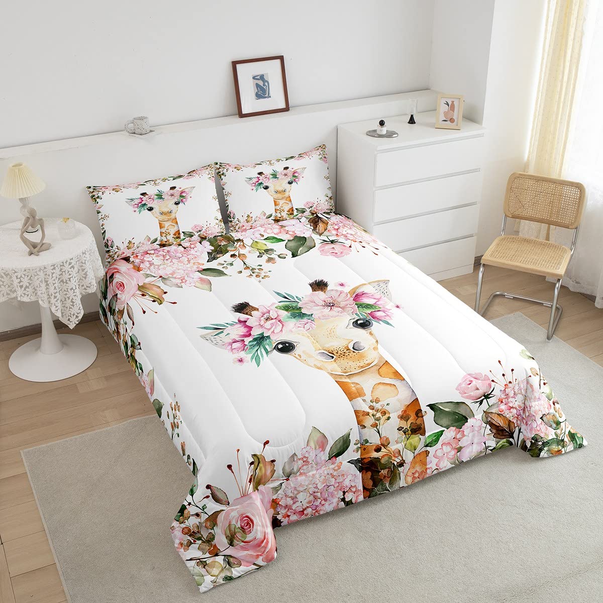 Cute Giraffe Bedding Set Pink Rose Comforter Set Twin Size Girls Kids,Cartoon Animal Quilt Duvet Floral Flower Down Comforter,Wildlife Giraffe Duvet Sets Botanical Room Decor,2Pcs