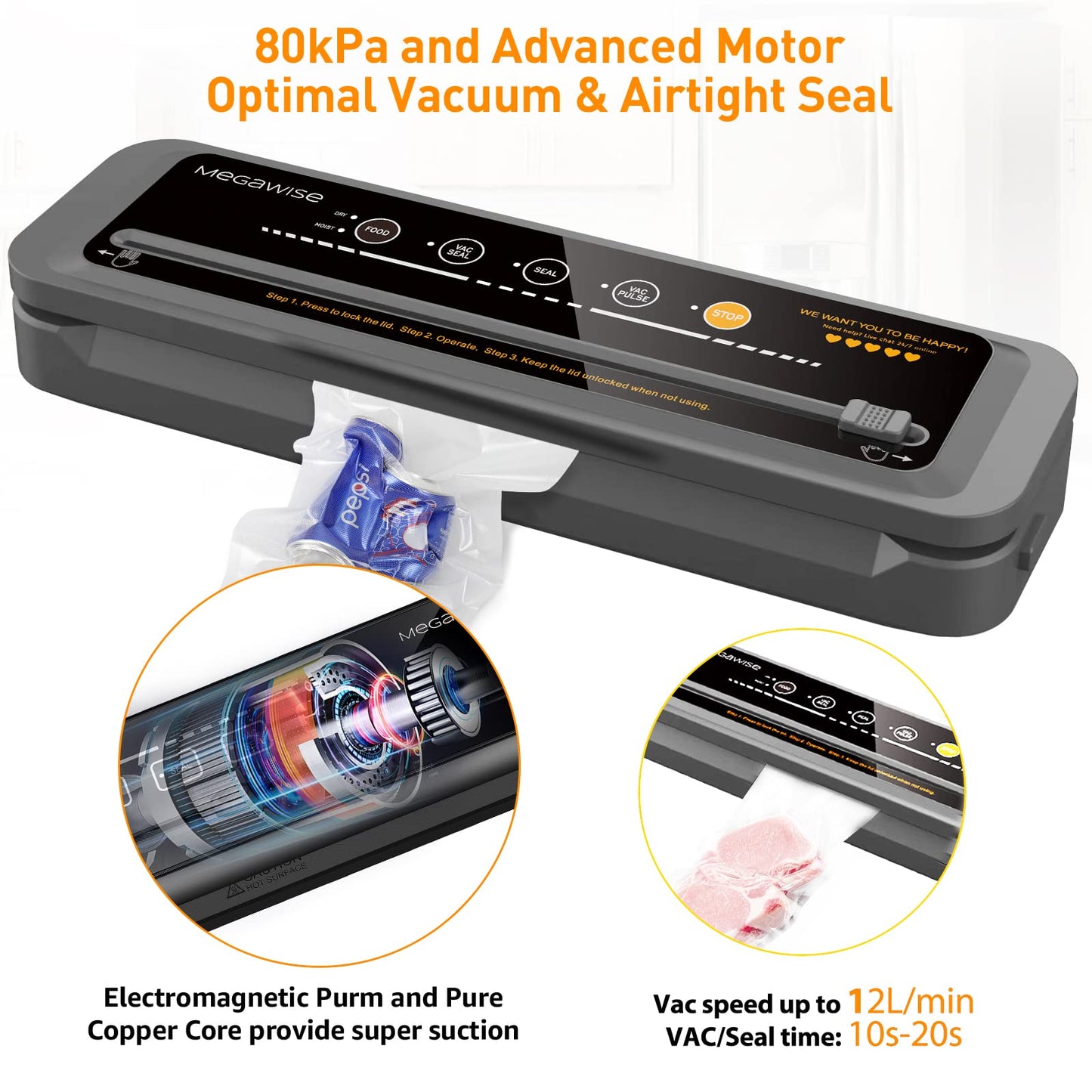 Meg ise 80kpa Powerful but Compact Vacuum Sealer Machine, Bags and Cutter Included, One-Touch Automatic Food Sealer with External Vacuum System for All Saving needs, Dry Moist Fresh Modes