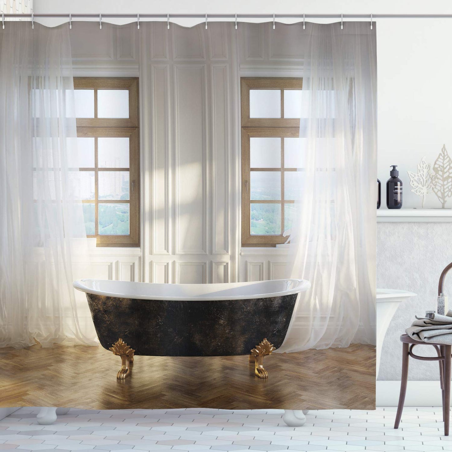 Antique Shower Curtains for Bathroom Retro Bathtub in Modern Room In or Hardwood Clics Space Design Washable Cloth Fabric Master Restroom Decor Set with Hooks 69" W x 84" L Ivory White