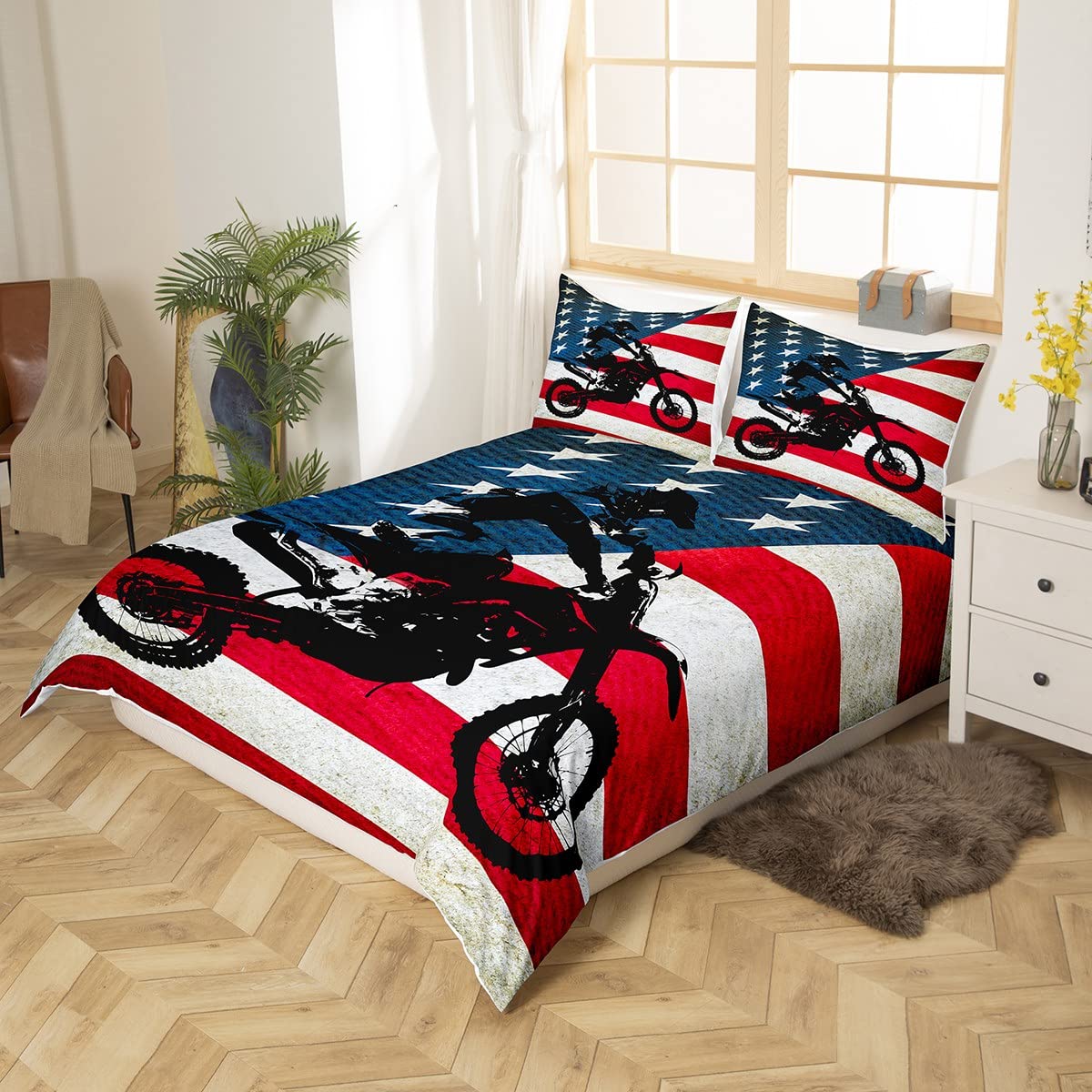 USA Flag Comforter Cover,Motocross Rider Dirt Bike Duvet Cover Twin,Red White Stripe Blue Black Stars Bedding Set for Kids Teenagers Boys Men with 1 Pillow Case,Cozy Friendly Soft