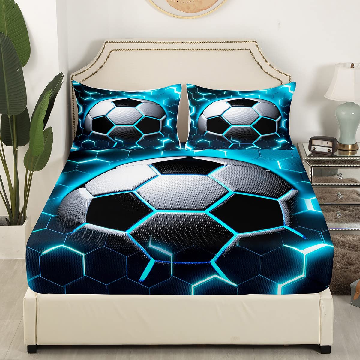 Boys Football Fitted Sheet Queen Size Soccer Bed Sheets,Blue Glowing Honeycomb Bedding Set Modern Neon Light Bed Cover,Geometric Buffalo Check Sheet for Kids Teens 3 Piece Soft