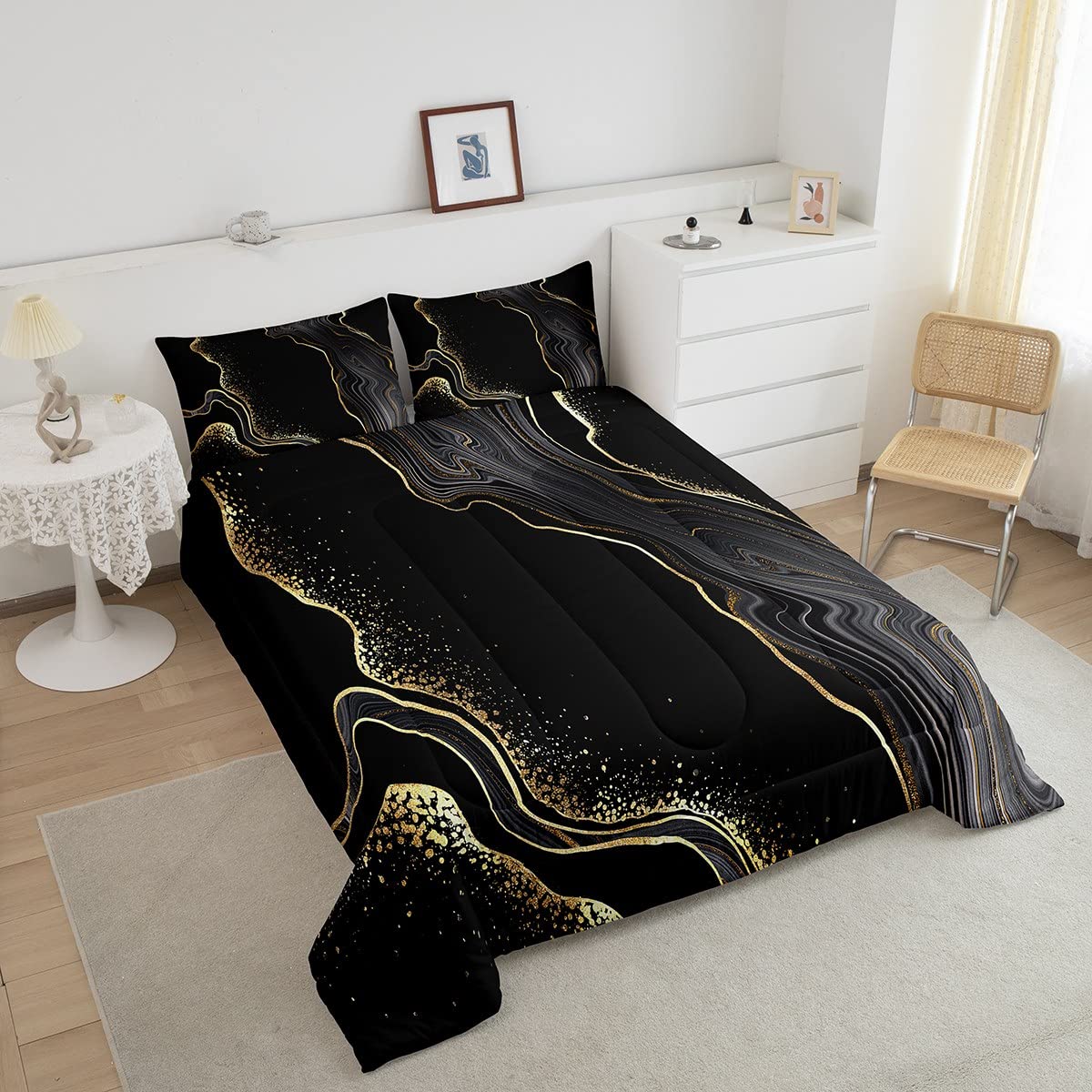 Black Gold Marble Comforter Set Twin,Glitter Marble Bedding Set,White Gold Lines Abstract Marble Texture Duvet Insert,3Pcs Soft Quilted Comforter with 1 Pillow Sham